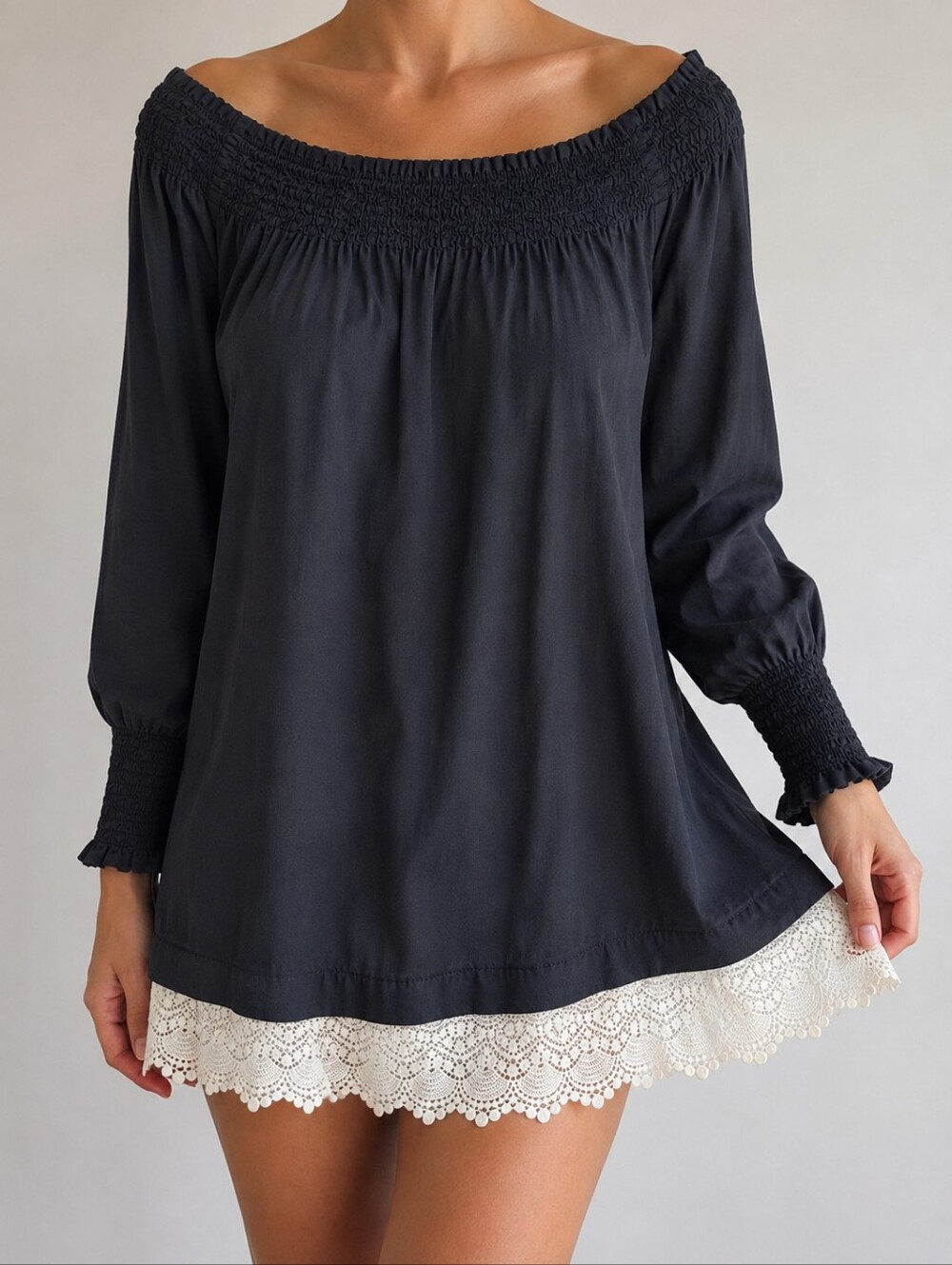 Smocked Off-Shoulder Black Top with Lace Hem